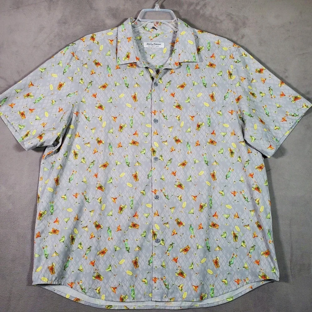 Tommy Bahama Shirt Mens XL Gray Cocktail Print Short Sleeve Button‎ Camp Coastal